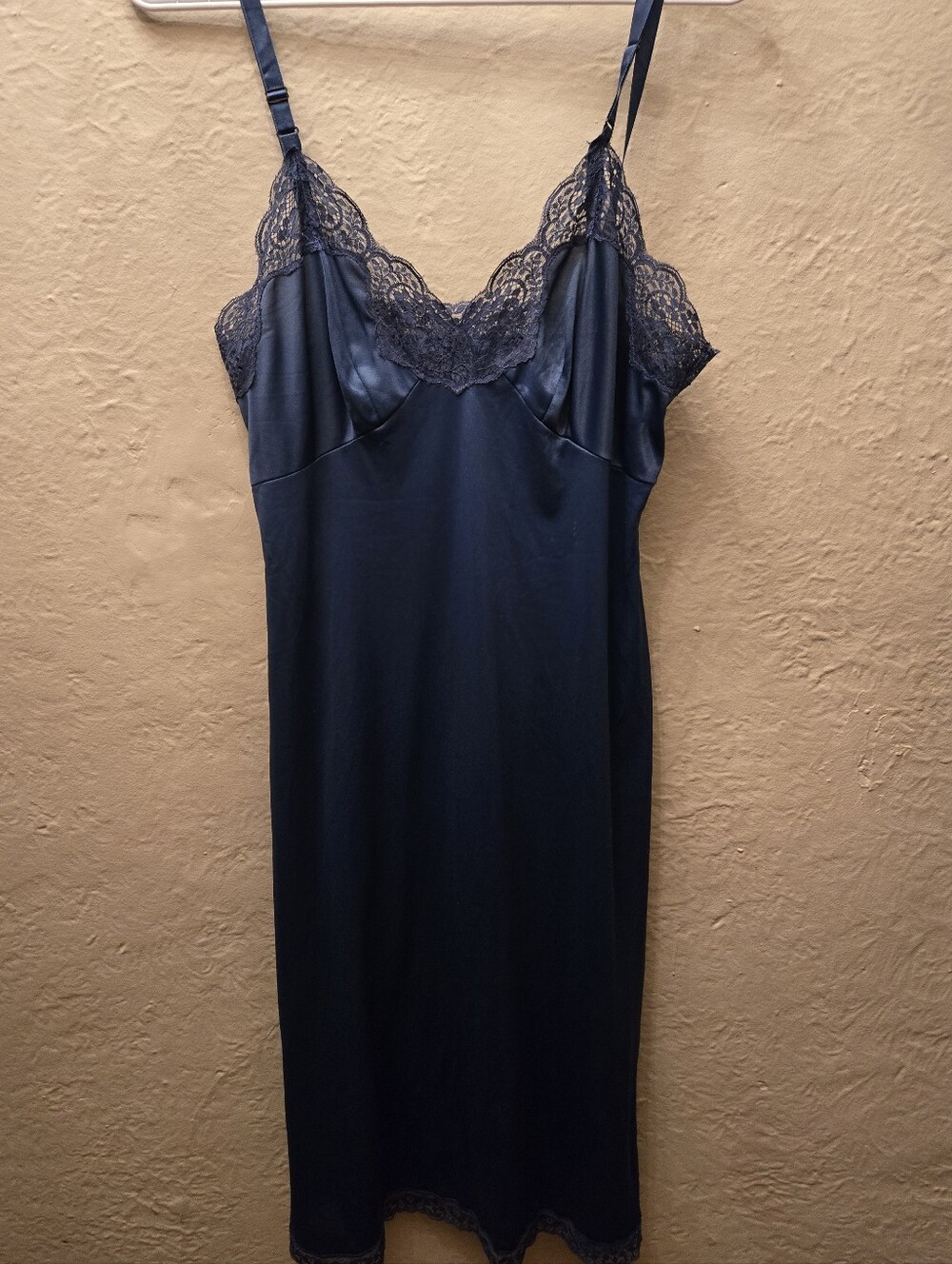 Vintage French Maid Navy Blue Lace Trim Full Slip Nightgown